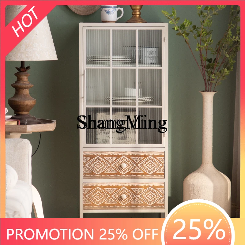 

CL wrought iron dining side cabinet solid wood Changhong glass drawer living room household storage vertical cabinet