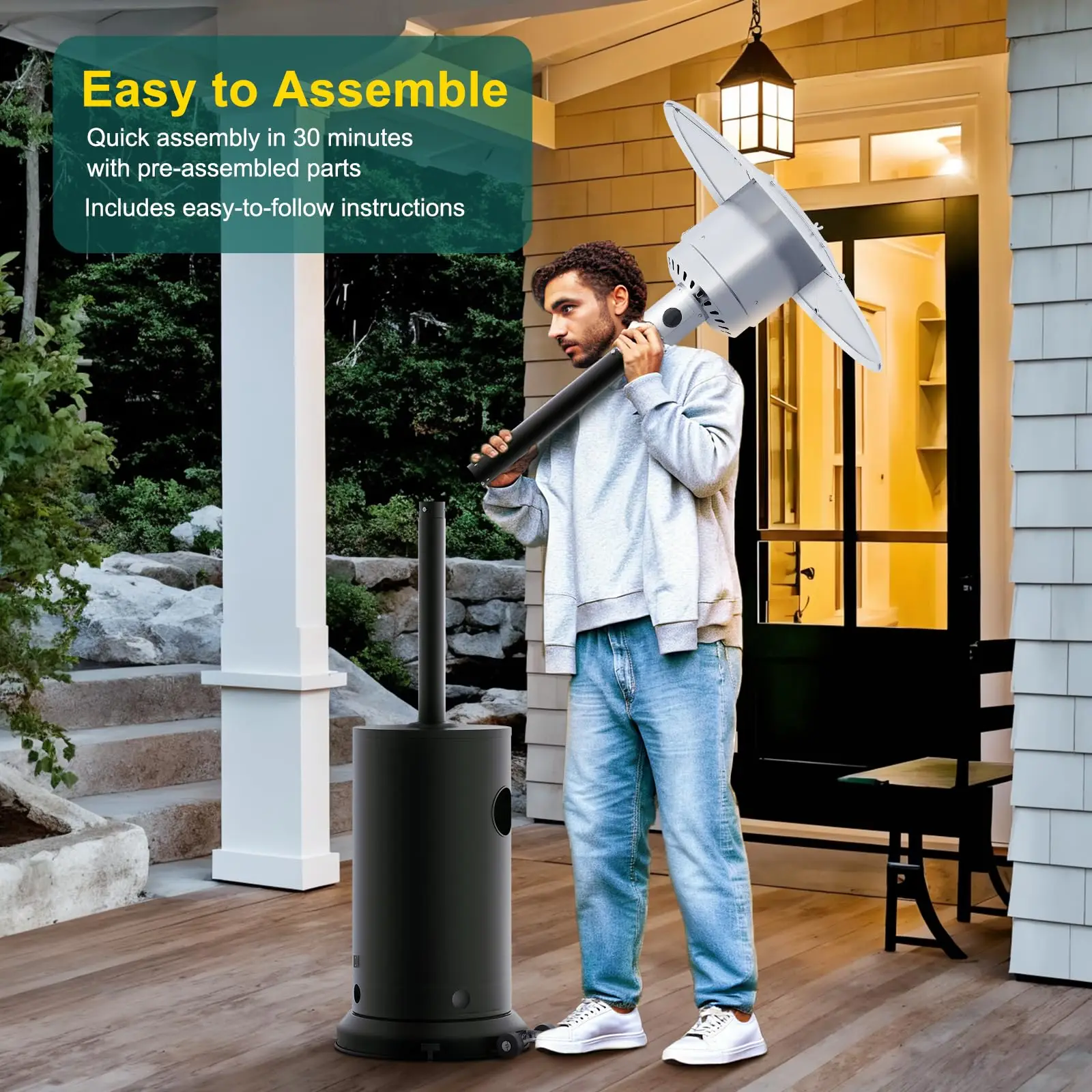 Propane Patio Heater, 48,000 BTU Outdoor Standing Heater with Wheels, Stainless Steel, Round Tabletop, Flat-Top Tank Cover, Reliable Ignition and Auto Tip-Over Shutoff for Deck, Garden and Commercial Use