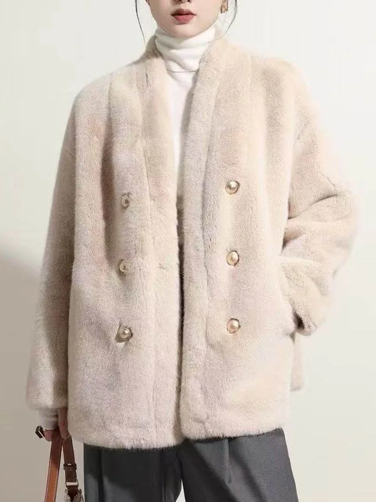 

Корейские модные однобортные свободные куртки, топы, женские повседневные зимние чакеты с длинными рукавами, элегантная толстая верхняя одежда из искусственного меха