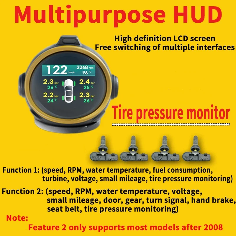 2025 Automotive OBD HUD Tire Pressure Monitor All-In-One Machine Gesture Switching Interface Head-Up Display for Cars Post 2018
