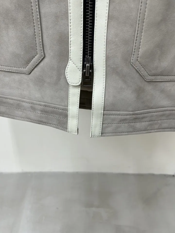 TF Men Suede Leather Jacket 2026 Winter New Workwear Turn Down Collar Gray Color Retro Coat