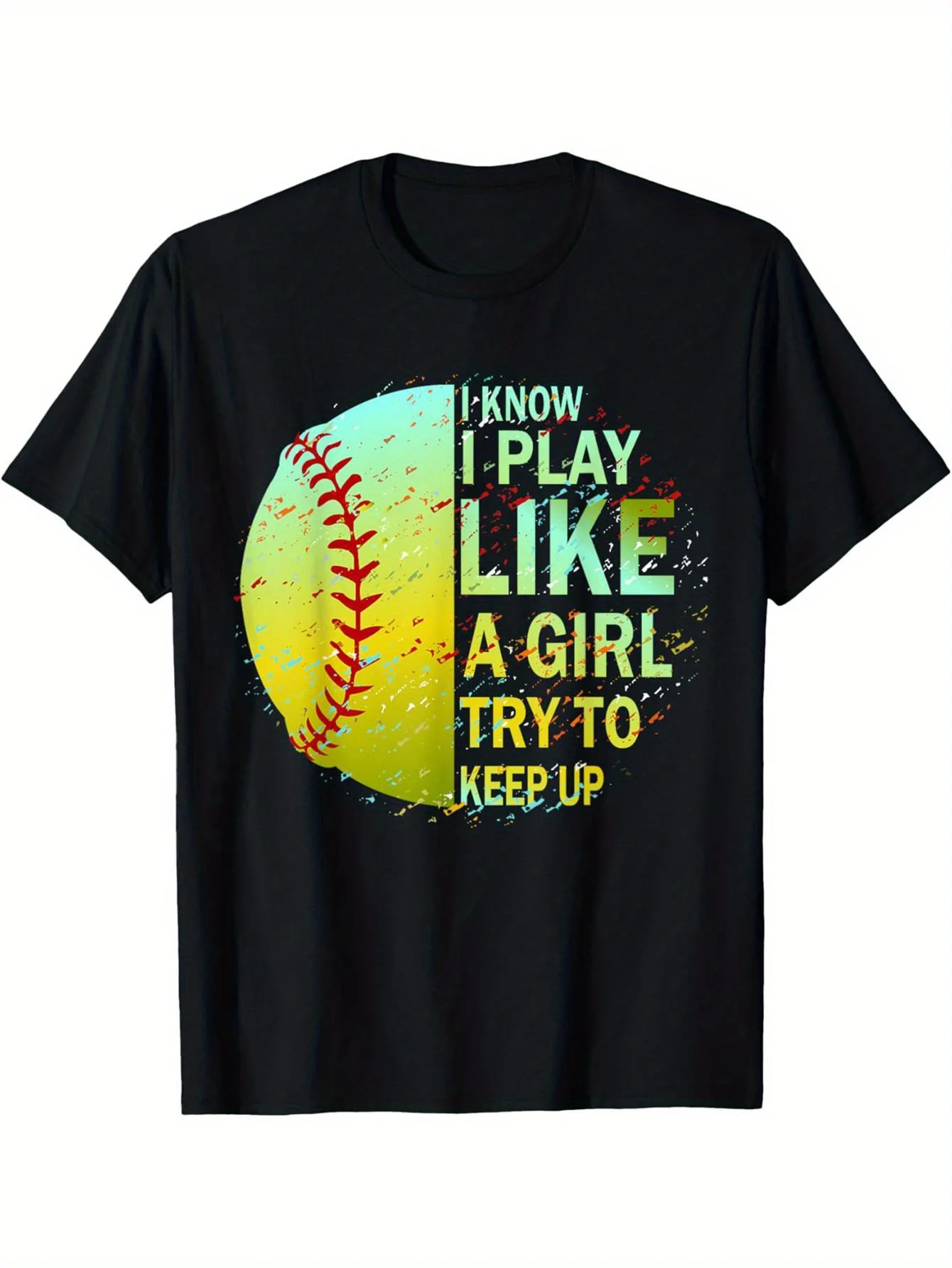 

Women's Softball Graphic T-Shirt - 220g Cotton Short Sleeve Round Neck Tee with I Play Like a Girl Slogan & Softball Print for T