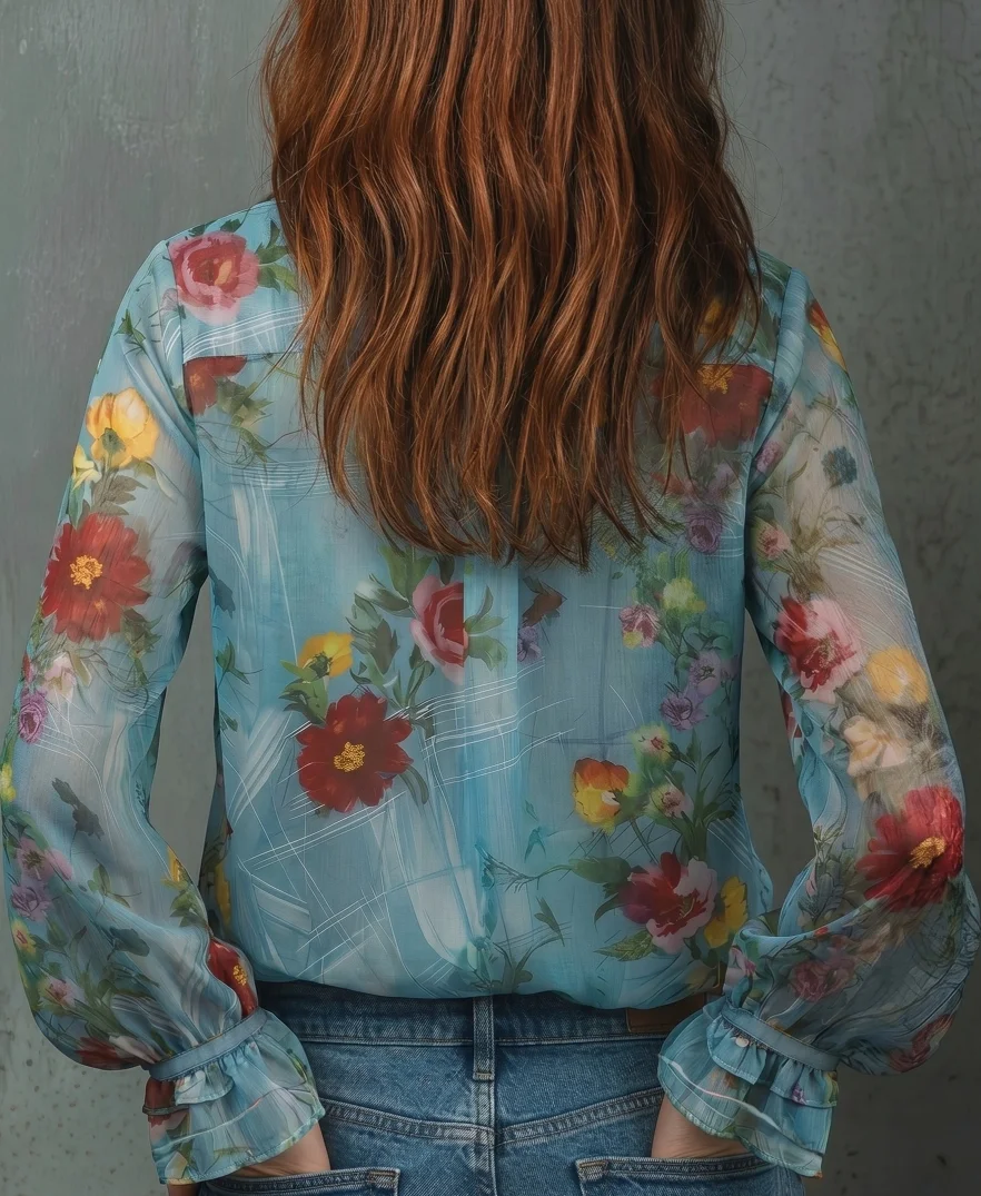 Vintage Floral Print Chiffon Semi-Transparent Fashion Shirt for Women Elegant Top with Retro Aesthetic Ladies' Elegant Shirt
