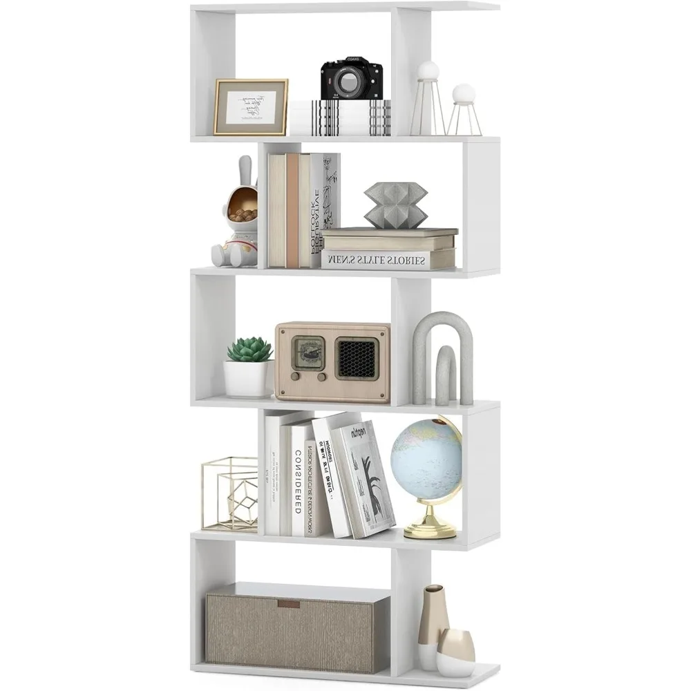 

5-Tier Geometric Freestanding Room Divider Bookshelf, 62.5 Tall with Open Shelves and Anti-tip Feature, Wooden S-Shaped Design