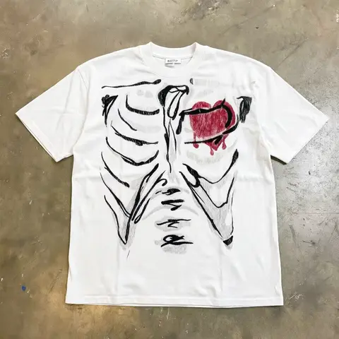 2026 New Y2K Grunge Gothic T Shirt Distressed Skeleton Chest Ribcage Dripping Red Heart Print Retro Loos