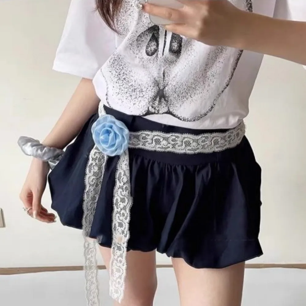 เข็มขัดผูกเอวลายลูกไม้สไตล์เกาหลี Y2K ลายดอกไม้ ผ้าพันคอผูกเอวแบบสตรีทแวร์
