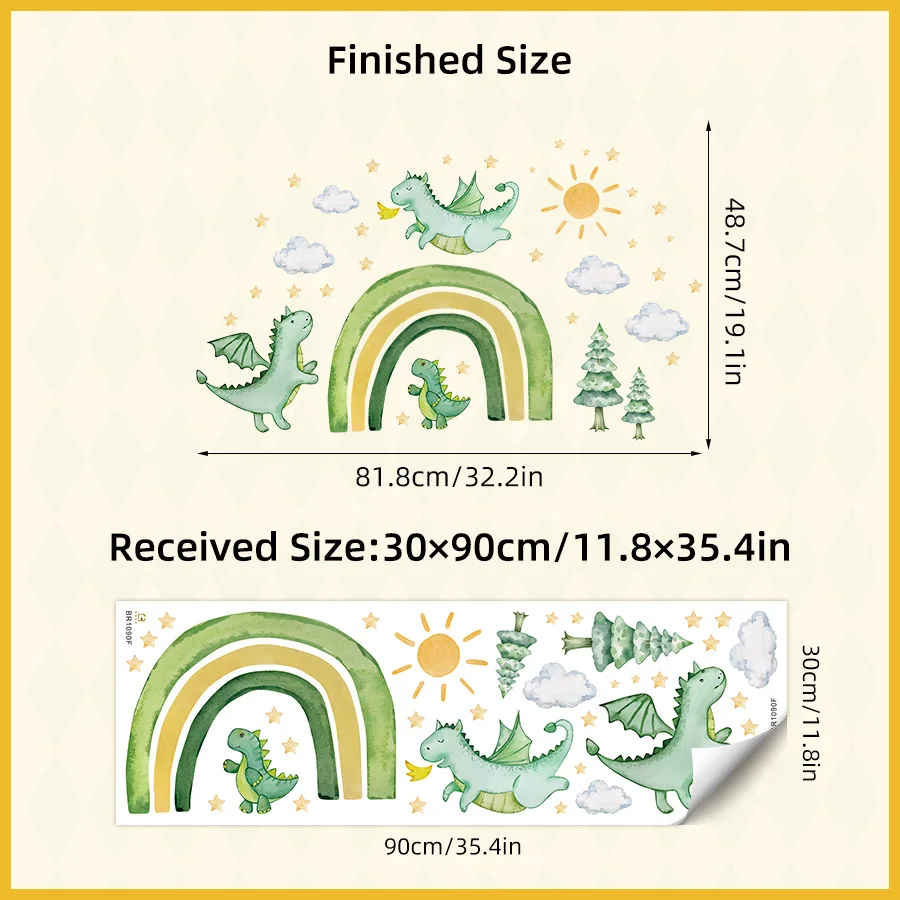 Cartoon Green Rainbow Flying Dragon Wall Stickers Cute Dinosaur Sun Cloud Decals Self-adhesive for Baby Bedroom Boys Room Decor - view 6
