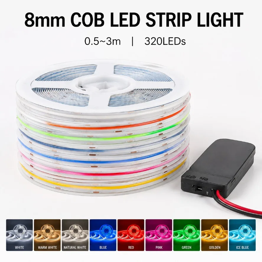 5V 8mm COB LED Strip Light 0.5‑3M 320LEDs High Density Flexible Tape Light Multiple Color for Room Cabinet TV Background Decor