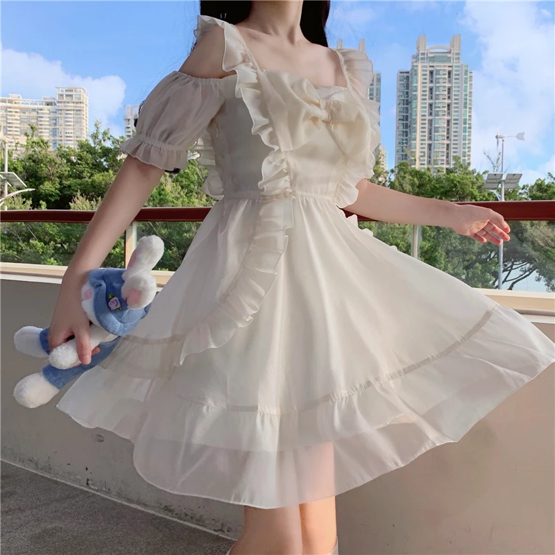 

2020 New Sweet Women Dress Big bow collar open back Ruffles Princess dresses High waist Sweet female dresses