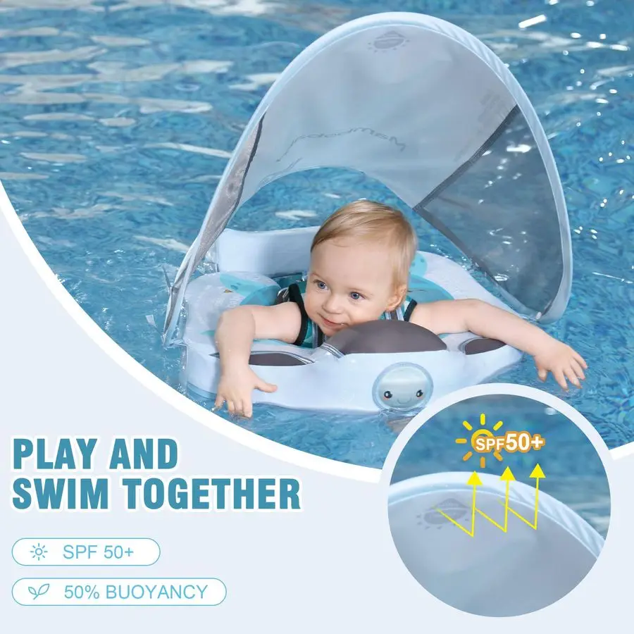 Flotador de piscina para bebé con dosel solar extraíble, flotador de natación infantil no inflable con diseño de cola antideslizante, amplificador impermeable SkinFriendl