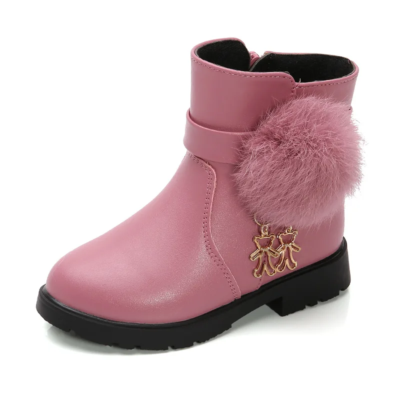 New Winter Girls Boots Real Fur Ball PU Leather Kids Snow Boots Warm Plush Sneakers Children Shoes