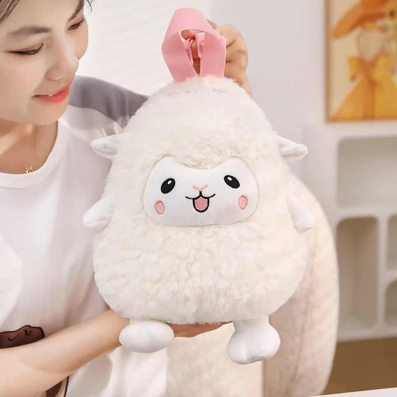 Sheep Plush Backpack Keychain Set Fluffy Stuffed Animal Doll Soft Bag Accessory for Travel Holiday Gift Home Display