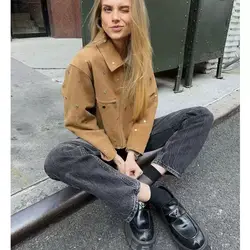 YENKYE 2025 Women Rivet Faux Suede Short Jackets Long Sleeve Lapel Collar Spring Coat Fashion Motorcycle Outerwear