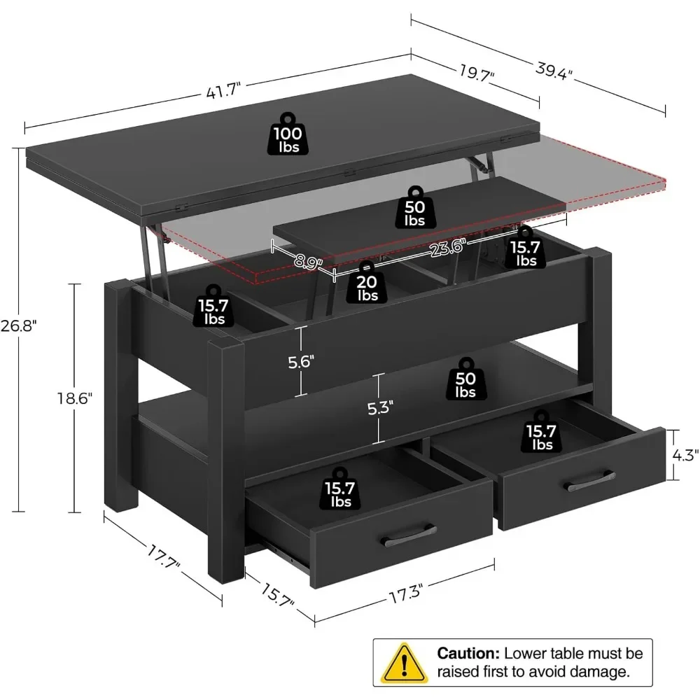 Mesa de centro com tampo elevatório, mesa conversível multifuncional com gavetas e compartimento oculto, converte ao mesa de jantar