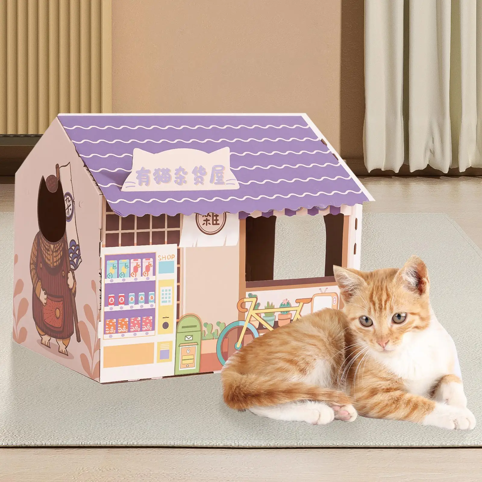 Corrugated Cardboard Cat House with Scratching Pad Windows for Kittens