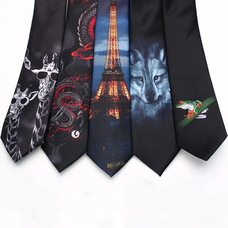 Hongkong Street Fashion Polyester Casual Neckties Men's Personalized Tie Iron Tower Sunflower Loong Printed Neck Ties Cravat 8cm