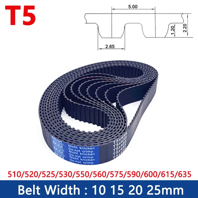 

1PCS T5 Timing Belt Width 10/15/20/25mm Rubber Closed Loop Synchronous Belt Length 510/520/525/530/550/560/575/590/600/615/635mm