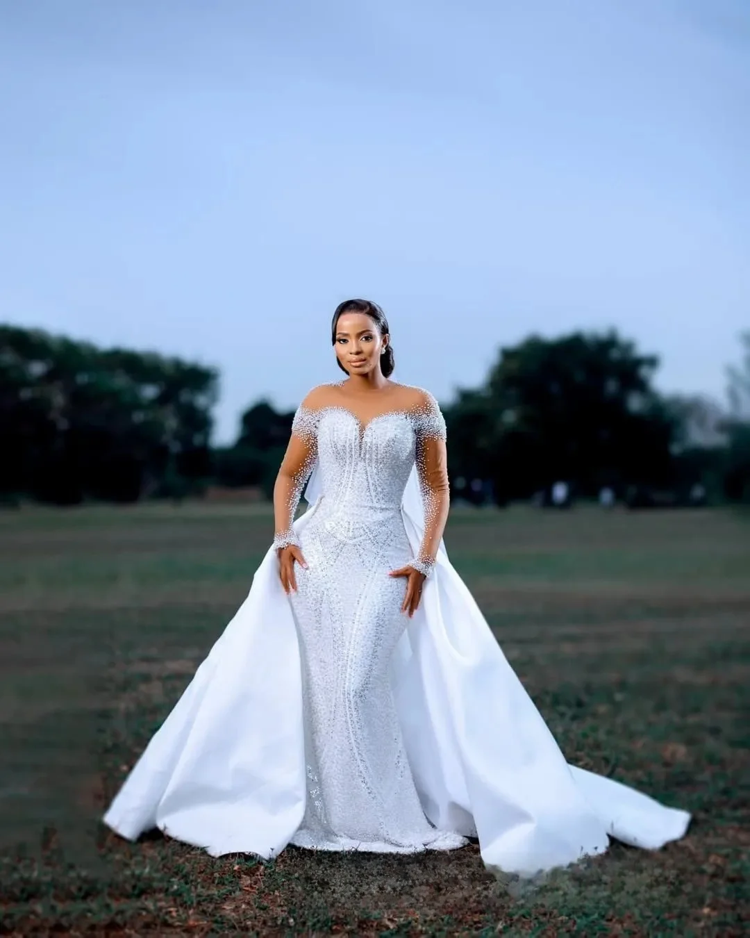 Customized Plus Size Wedding Dress Bridal Gowns For Bride Detachable Train Mermaid Wedding Gowns Sheer Neck Illusion Long Sleeve