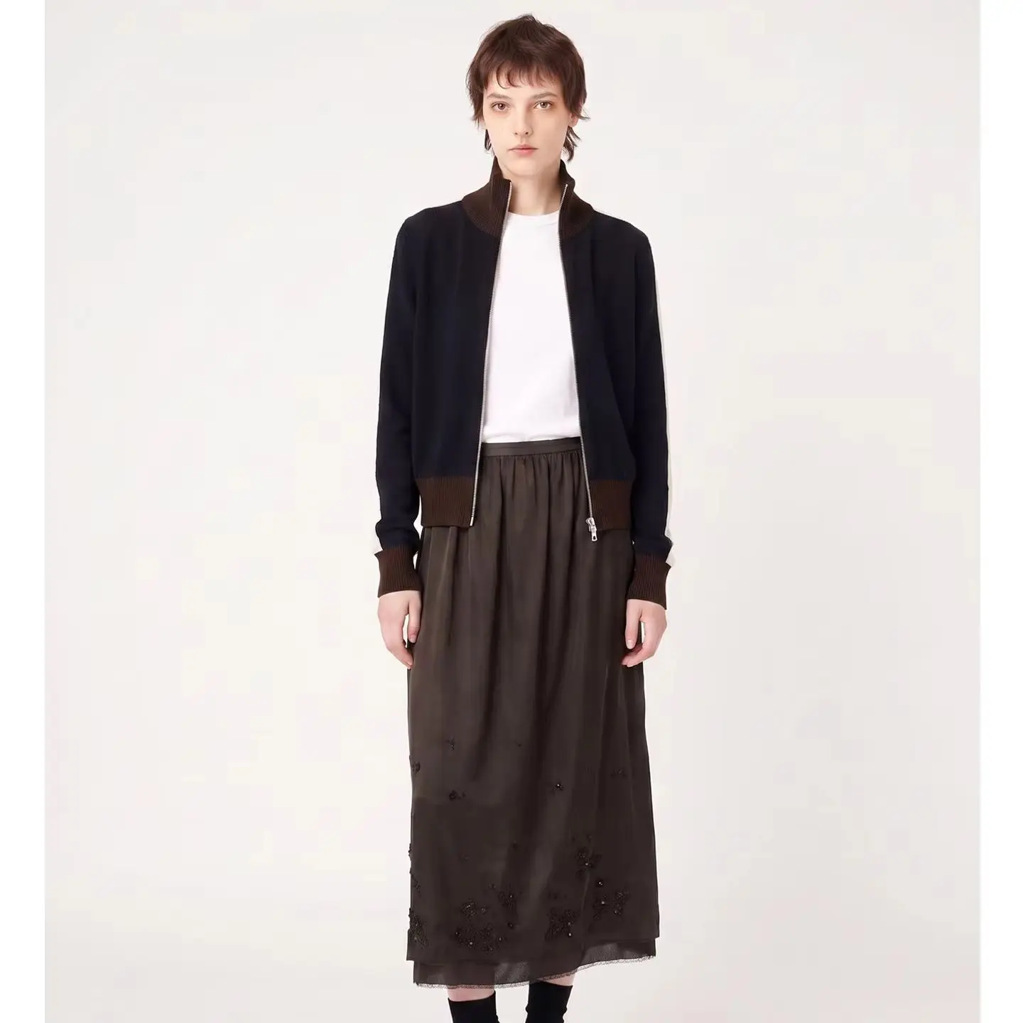 Autumn new minimalist old style retro contrast zipper cashmere cardigan stand collar slim sweater coat
