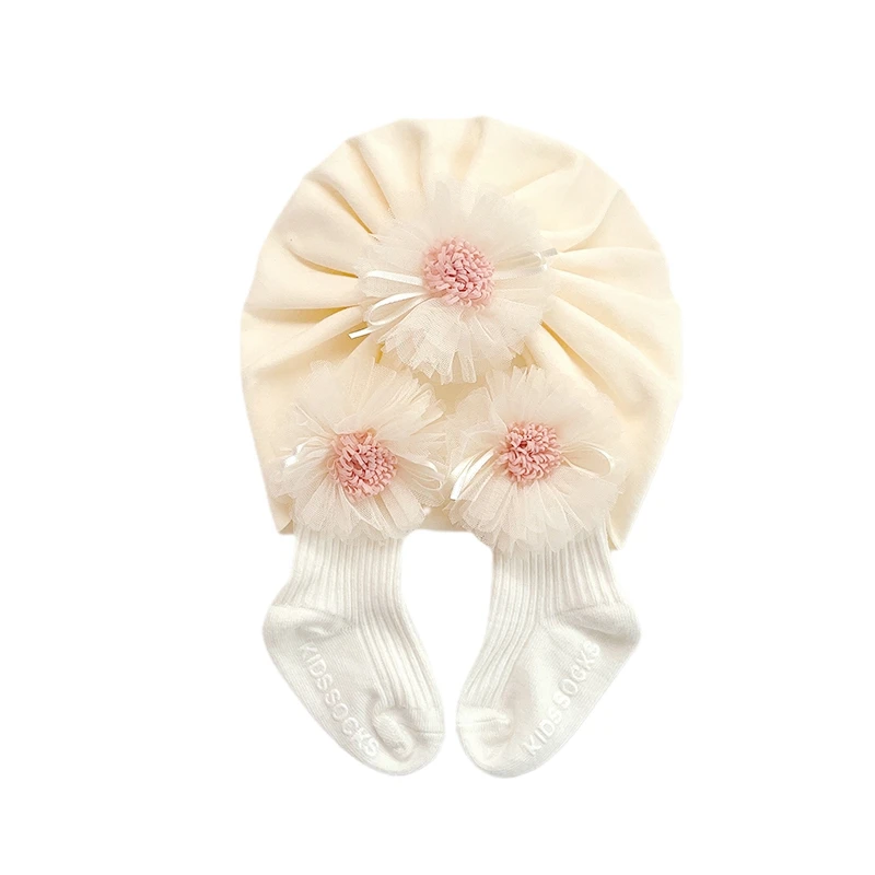 

Baby Socks Cap Set Girls Lace Flower Ribbed Short Tube Sock Turban Hat for Autumn Beige Pink