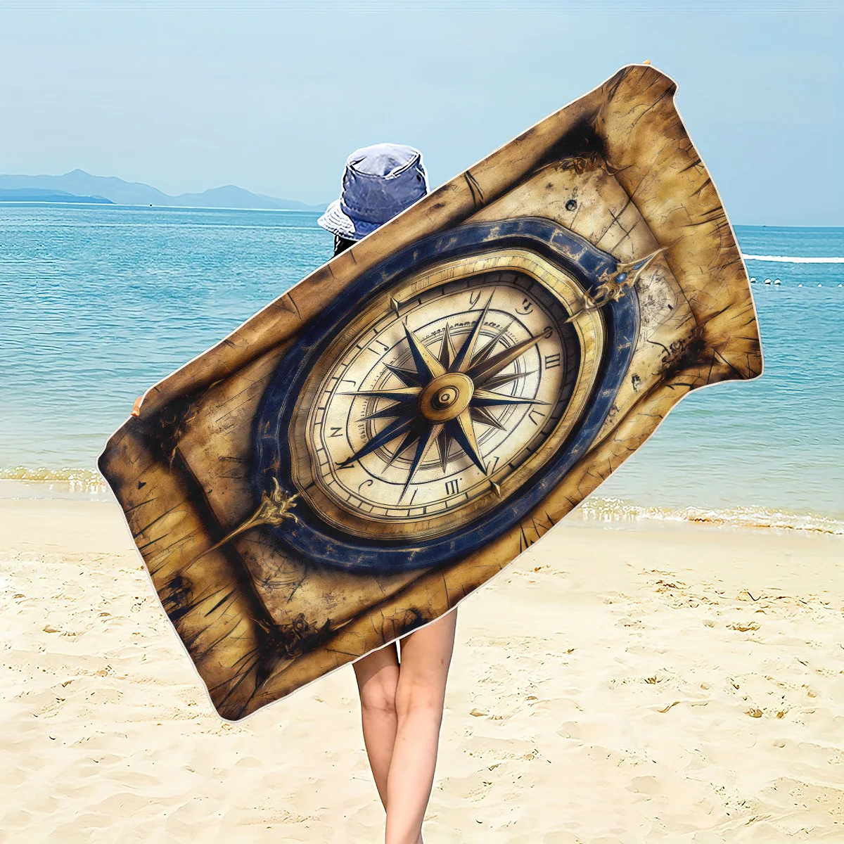 Vintage Compass Nautical Beach Towel Patterned Sunscreen And Windproof Suitable For Swimming Pool Camping Travel Blanket