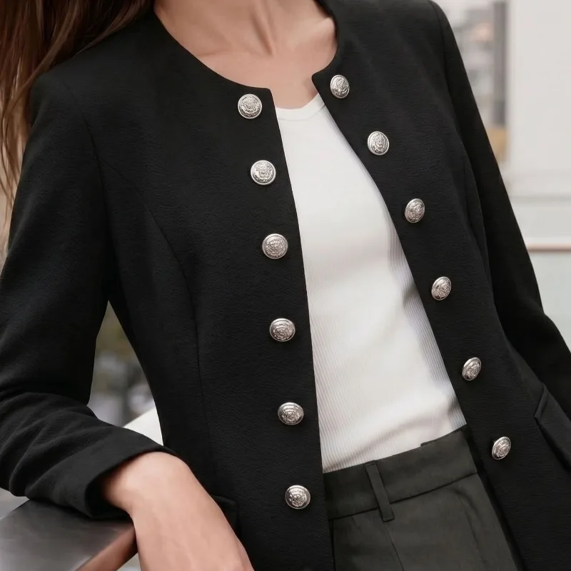 High-quality Black Suit Jacket with A Round Neck, Cinched Waist Double-breasted Buttons for Women's Elegance in Autumn Fashion.