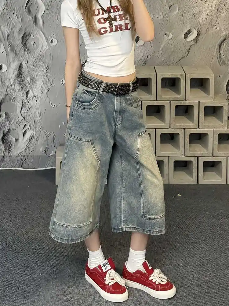 American Streetwear washed denim shorts women new summer style loose wide-leg slim-fitting straight-cut mid-thigh pants