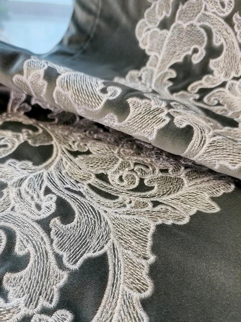 Custom Grey Green Embroidered Velvet Thickened Blackout Curtains For Living Room Bedroom French Window Villa Balcony
