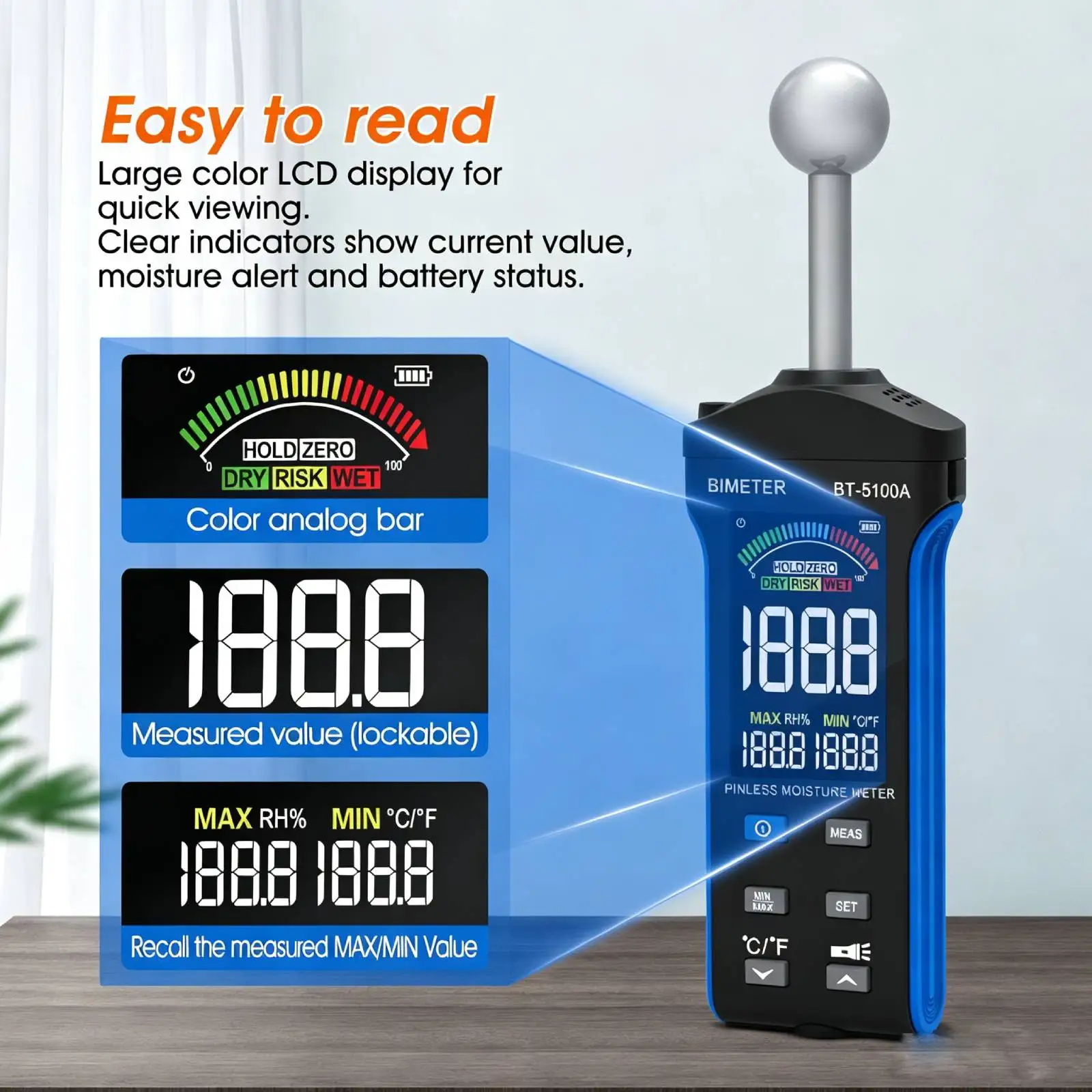 Non Contact Wood Moisture Meter 20-40mm Penetration 0-100 Range Data Hold Temp Humidity Detector for Wood Concrete Wall Floor