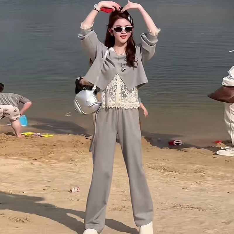 Lace Splice Wide Leg Pants Three Piece Set Women's Spring Autumn Anti Aging Casual Sportswear Ensemble Whole Set Look