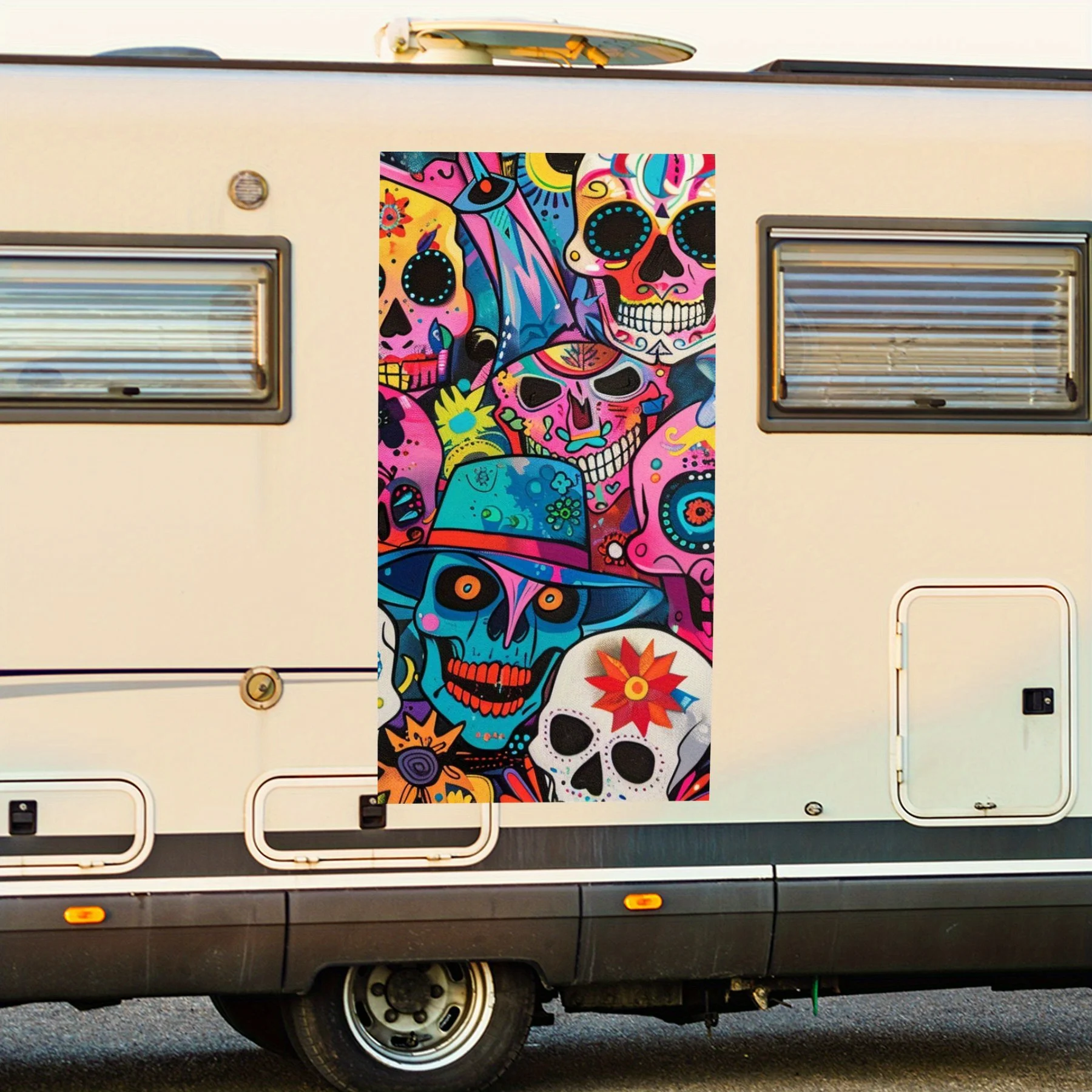 

Vibrant sugar skulls decal - bold, festive style for your RV adventures.Vinyl Decal for motorhome car door, Waterproof Self-Adhe