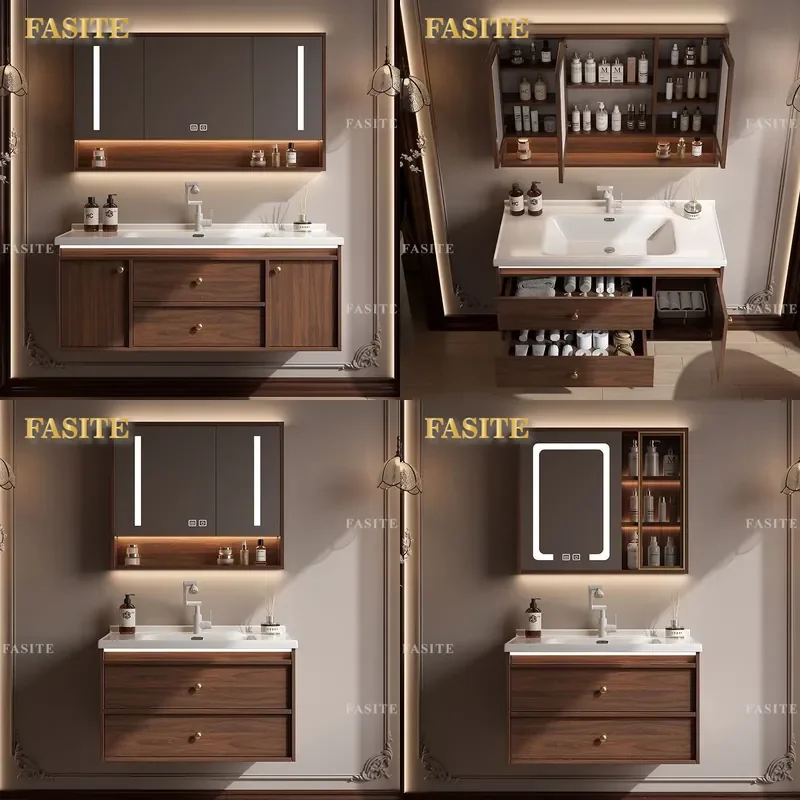 For Walnut Bathroom Cabinet with Ceramic Integrated Basin Modern Vanity Unit Sink Combo for Home Toilet Washroom Storage