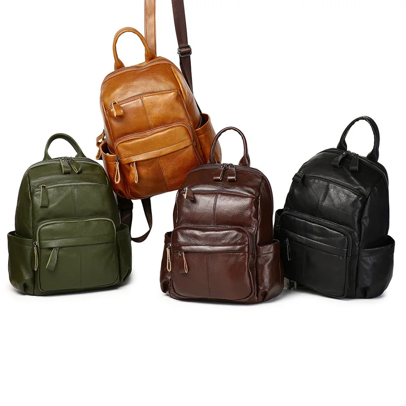 Women Green Genuine Cowhide Leather Backpack Anti Theft Hidden Zipper Multi Pocket Casual Shoulder Bag for Daily Travel