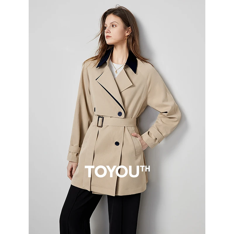 TOYOUTH Women Trench Coat 2024 Spring New Maillard Style Lapel Collar Khaki Single Breasted Button Office Lady Windbreaker Coat