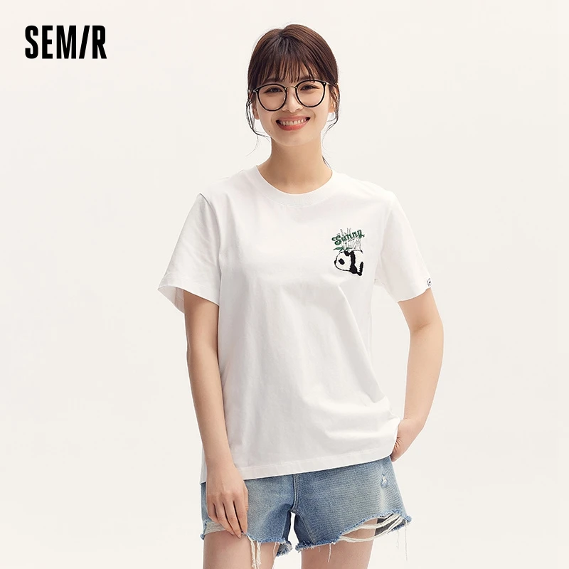 Semir T-Shirt Women Short-Sleeve Embroidered T-Shirt Simple And Loose Fit 2024 Summer New Collection Panda Top