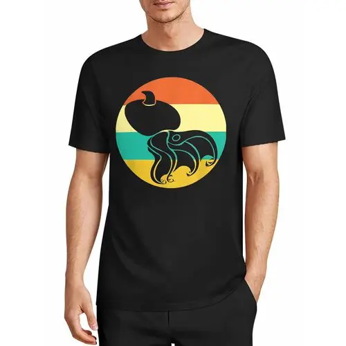 The Vintage Gradient Sunset Creates Gentle Retro Tones, and Simple Lines Capture the Octopus's Dynamic Form, Combining the Tranquility of the Deep Sea with the Warmth of the Sunset into the Fabric of the Casual T-Shirt