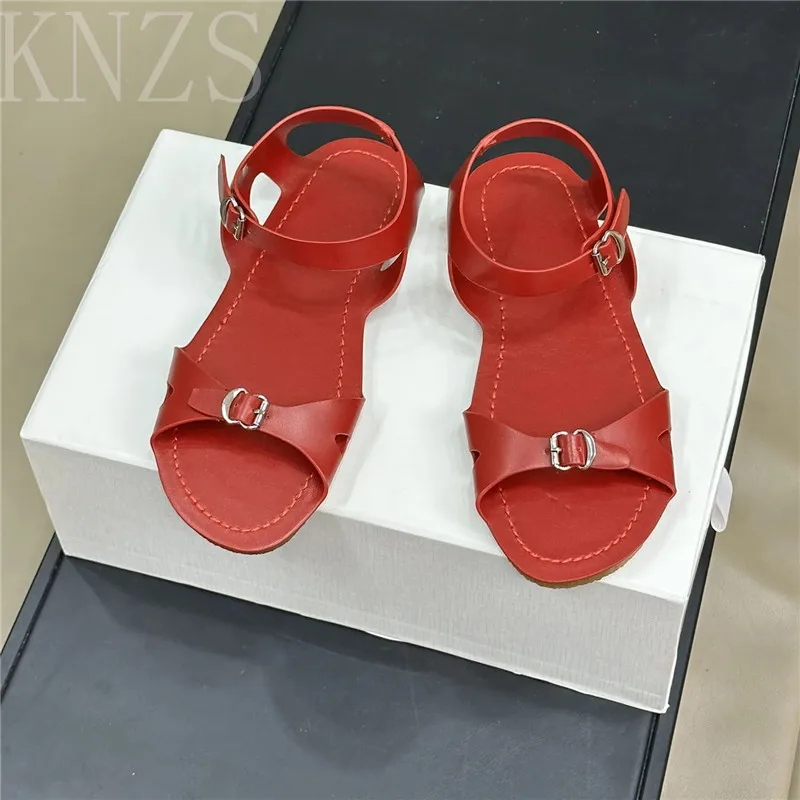 

Summer New Round Toe Open Toe Women Sandals Genuine Leather Buckle Strap Concise Flat Casual Beach Shoes Woman Size 35-41 2024