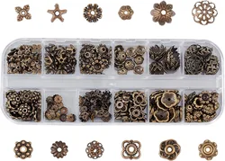 1 Box 240Pcs 12 Styles Spacer Beads Caps Bulk Vintage Style Antique Bronze Flower Bead Caps Alloy Metal Loose Spacer Flower