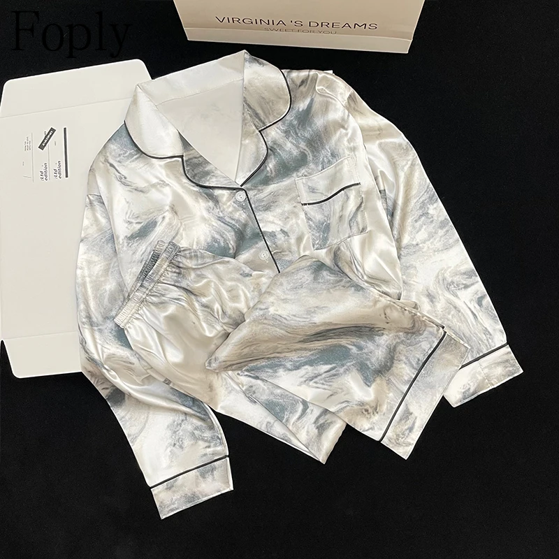 

Женские пижамы, атласные пижамы с длинными рукавами, Y-костюм, высококачественный ледяной шелк с цветочным принтом, можно носить вне дома, пижамы
