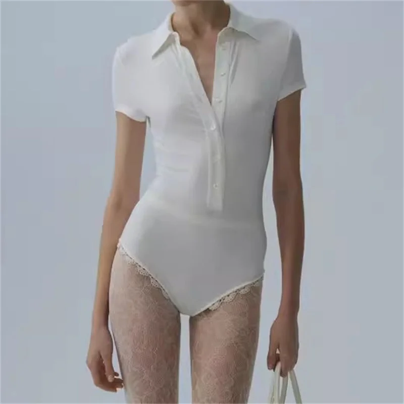 

Bodysuit women New lace patchwork short sleeved top for autumn 2025 Polo collar Women's corset Elastic slim T-shirt Top women