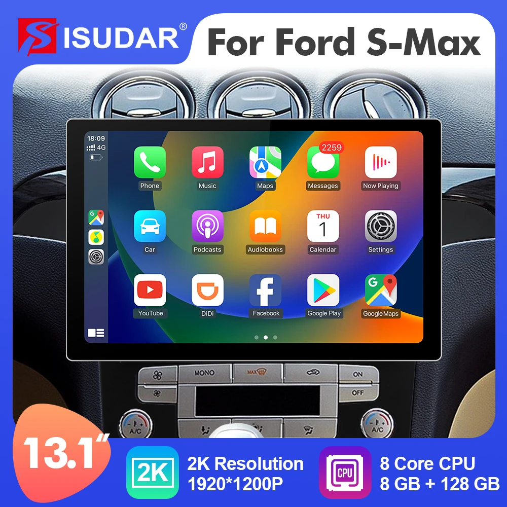 

ISUDAR 13.1 Inch 2K Android 12 Car Radio For Ford S-Max S Max 2007-2008 Multimedia Player Stereo 4G 8 Core FM Carplay auto