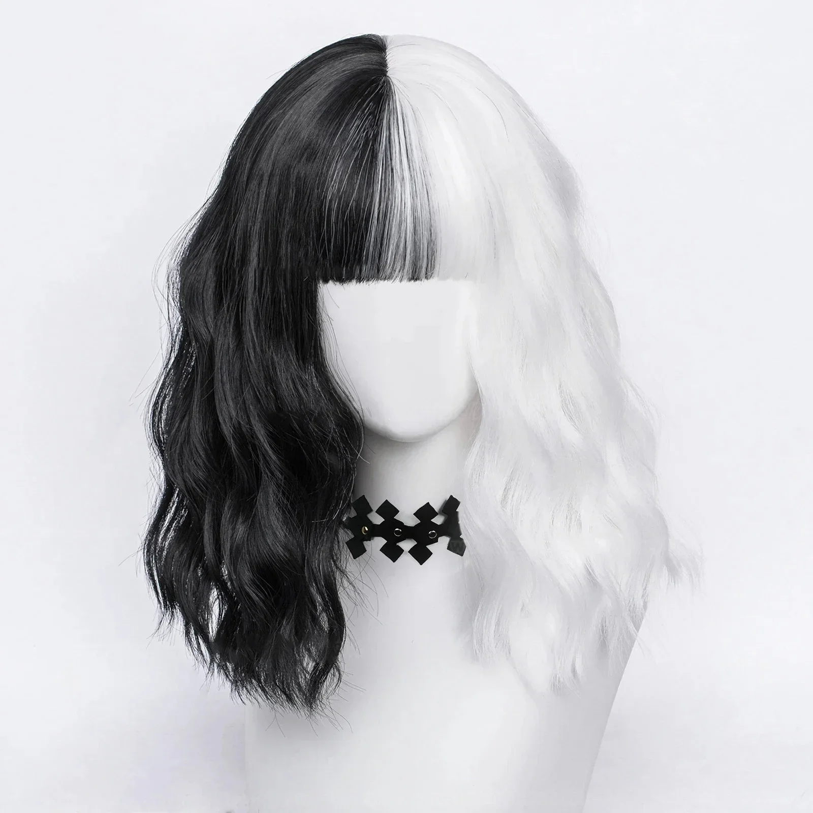 Anime Cruella de Vil Cosplay Wig Props Cruly Half Black And Half White Heat Resistant Hair Wigs Mask Gloves Necklace