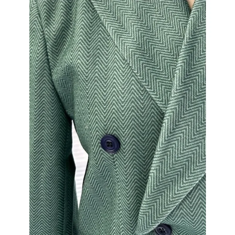 Men Blazer Jacket Blazer Retro Lapel Collar Herringbone Pattern Double-breasted Blazers Casual Suit Coat for Work and Daily Wear