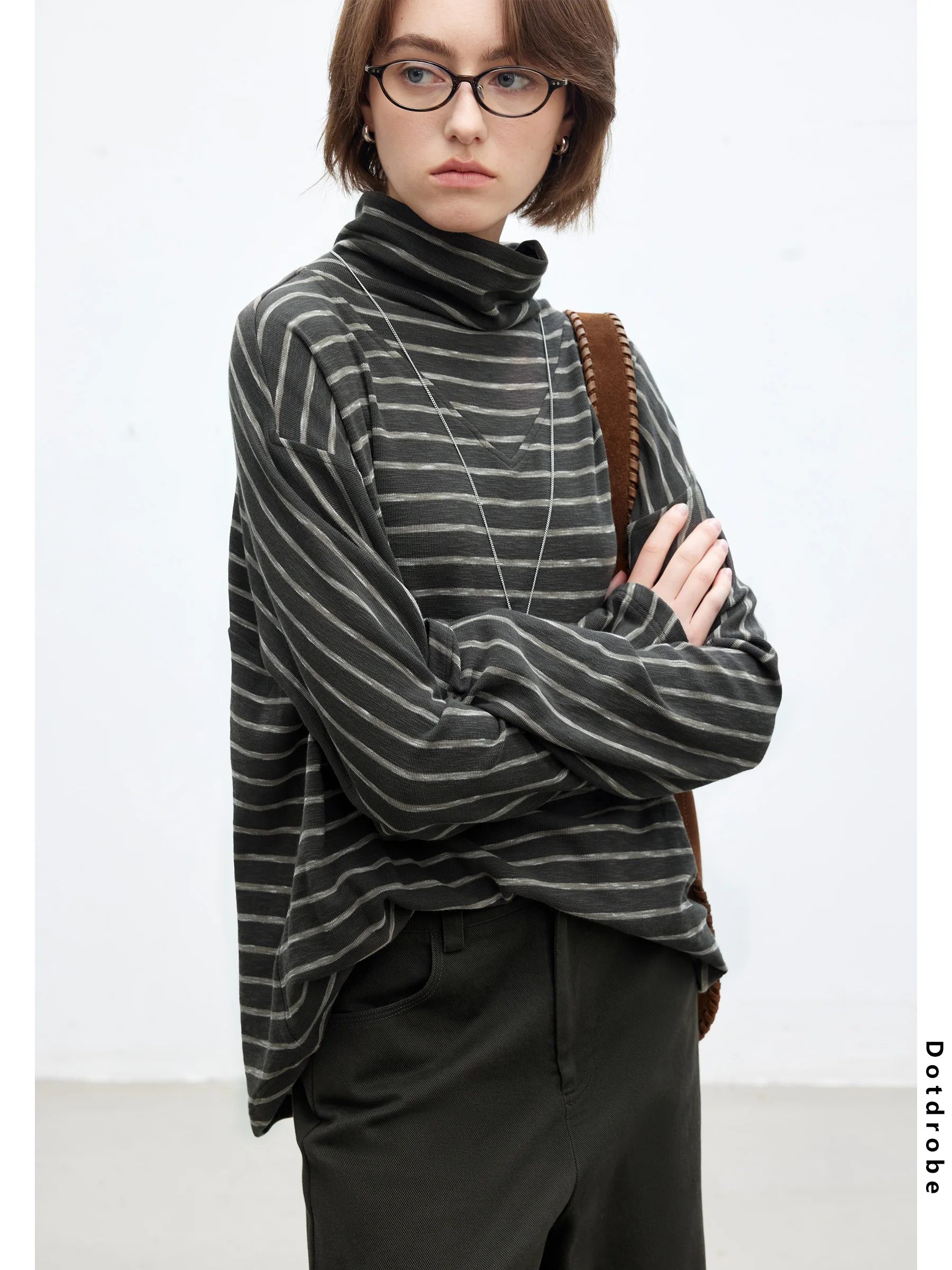 

Loose Long Sve T-irt Women's Autumn DotDrobe f High Collar Elastic Striped Casual Sle Cotton Polyester Blend