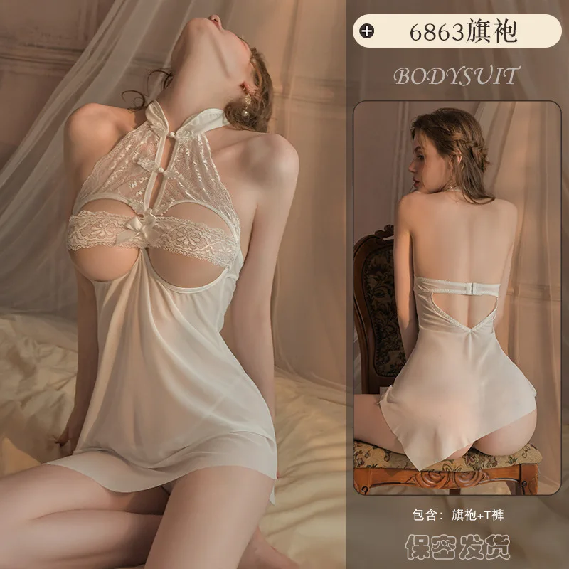 Sexy  Bra Hollow Out Cheongsam Lace Erotic Lingerie Traditional Chinese Qipao Dress Sexy Pajamas Night Club Stage Performance