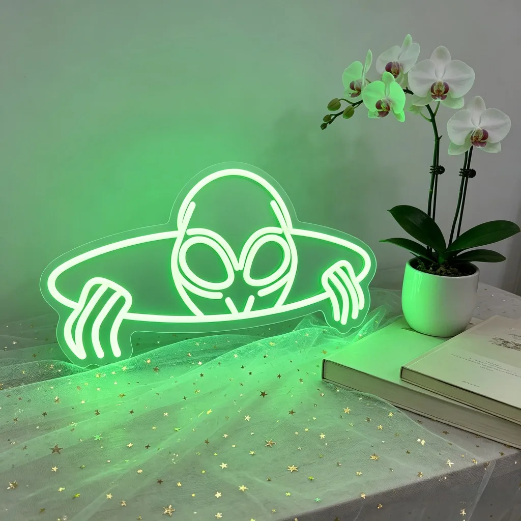 Peeking Alien Neon Sign USB Dimmable LED Wall Light for Teen Bedroom Game Room Bar Halloween Party Sci Fi Home Wall Decor Gift