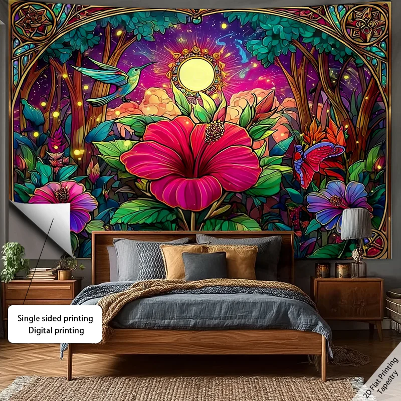 Bohemian Tropical Floral Tapestry Wall Hanging Jungle Boho Aesthetic Art Print for Bedroom Decor