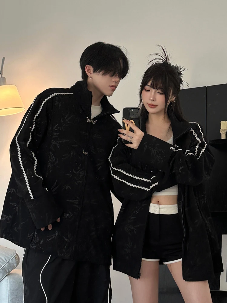 New Chinese Style Casual Corduroy Jacket for Men And Women Autumn Vintage Small Design Sense Bamboo Leaf Couple Outfit