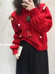 Sweet Girl New Fashion Christmas Red Sweater Holiday Decoration O Neck Twist Knit Pullover Long Sleeve Loose Casual Top Jumper