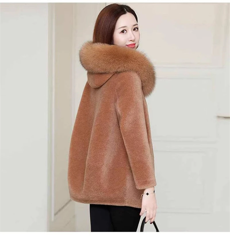 Chaqueta de lana de cordero sintética con cuello de piel con capucha para mujer, abrigos gruesos de invierno para mamá, chaqueta elegante y cálida, abrigo peludo de lana suelta